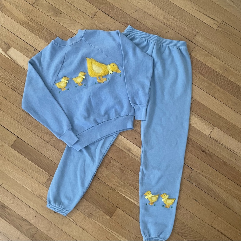 vintage blue sweat set with fuzzy ducks